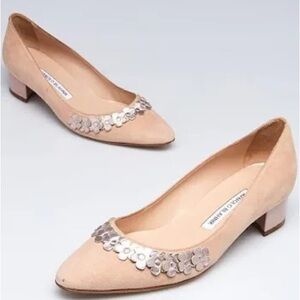 AUTHENTIC Manolo Blahnik Beige Pumps with Silver Accents, Size 38.5